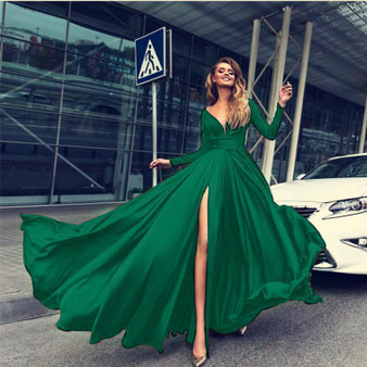 V Neck Long Sleeve Split Party Evening Maxi Dress