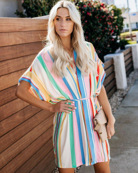 Loose Rainbow Stripes V Neck Womens Self-Belt Shirt Sundress Mini Dress
