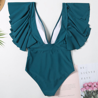 Sexy Solid Color Ruffled One-Piece Swimsuit