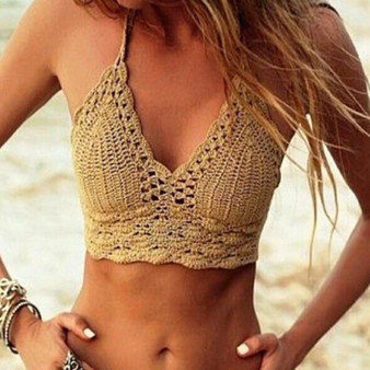 Hand Hook Knit Bikini Swimsuit Wrapped Chest Hanging Neck Back Beach Vest