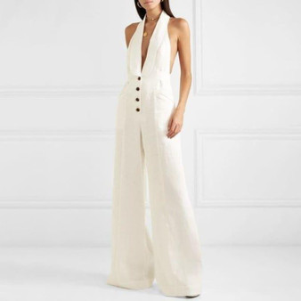 White Linen  Sexy Halter Button High Waist Wide Leg Jumpsuit