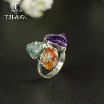 Unique Handmade Rough Natural Amethyst Citrine Apatite Gemstone Ring