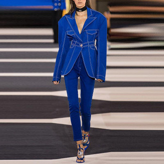 Blue Designer Runway Blazer Jacket Single Button Denim Blazer