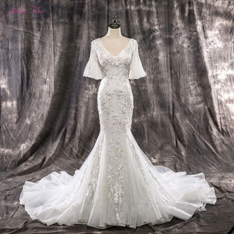 Elegant Mermaid Beaded Crystals Embroidery V-neck  Gown with Wedding Dress