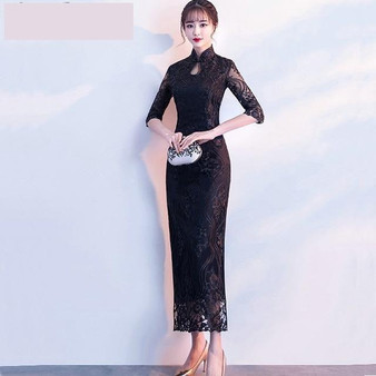 Traditional Black Qipao Sexy Cheongsam Jacquard Chinese Fashion Dress
