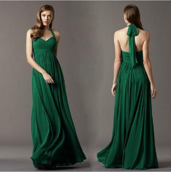 Long Chiffon Halter Back Bridesmaids Dress