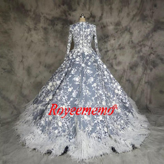 Elegant Muslim Feather Long Sleeves Wedding Dress