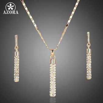 AZORA Gold Plated Clear Austria Crystals Drop Earrings and Pendant Necklace Jewelry Sets TG0007