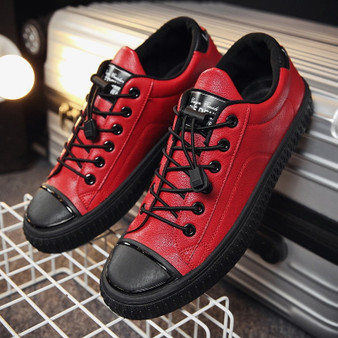 YTracyGold Fashion Men Casual Shoes PU Leather Sneakers Men Flats Vulcanized Red/Black Sneakers