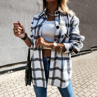 Autumn Spring Long Plaid Shirt Women Casual White Long Sleeve Pocket Button Up Collared Shirt Top Clothes Fashion New 2020 Fall