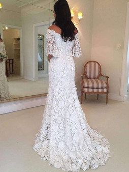 Classy Half Sleeve Off the Shoulder Lace Wedding Dress W297