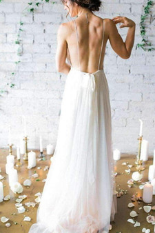 Chic Spaghetti Straps Backless V Neck Floor Length Wedding Dresses W351