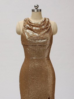 Sexy Scoop Split-Front Mermaid Gold Sequin Sleeveless Appliques Floor length Prom Fromal Dresses