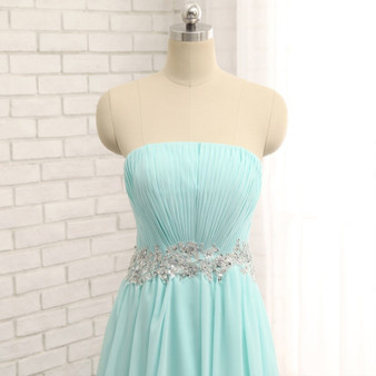 New Turquoise Evening Dresses 2019 A-line Strapless Chiffon Beaded Backless Elegant Long Evening Gown Prom Dress