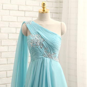 New Turquoise Evening Dresses 2019 A-line One-shoulder Chiffon Beaded Crystals Long Evening Gown Prom Dress