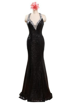 Sexy Black V Neck Backless Long Mermaid Sequin Prom Dresses Sequined Sleeveless Sparkle Evening Party Gowns