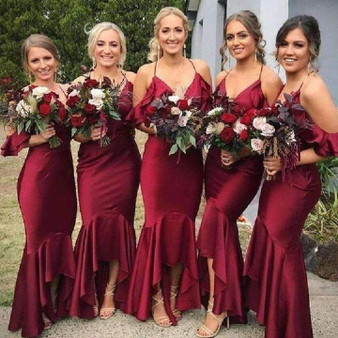 Burgundy Halter Sleeveless Mermaid Bridesmaid Dresses Affordable Prom Dresses