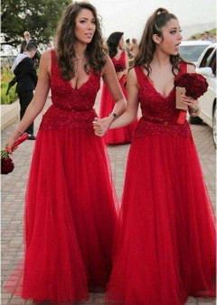 Red Sleeveless V Neck A Line Prom Dresses Affordable Bridesmaid Dresses