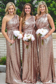 Rose Gold One Shoulder Sleeveless Sequin mermaid Bridesmaid Dresses Long Maxi Evening Dresses