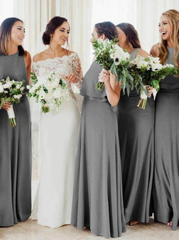 Grey Scoop Neck Sleeveless A Line Long Chiffon Bridesmaid Dresses