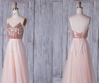 Pink Spaghetti Straps V Neck Sleeveless Tulle A line Maxi Bridesmaid Dresses With Sequin