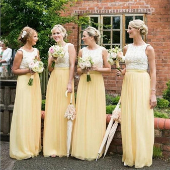 Yellow Lace Scoop Neck Sleeveless A Line Chiffon Bridesmaid Dresses