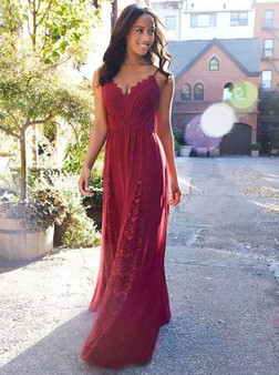 Chic A Line Spaghetti Straps Lace Floor Length Bridesmaid Dress B411