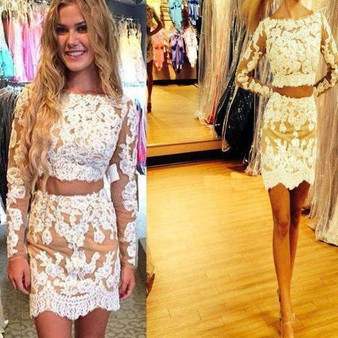 Charming Two Pieces Long sleeves Scoop Appliques Homecoming Dresses M304