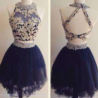 Navy Blue Two Pieces Halter Appliques Lace Up Beading Homecoming Dresses M309