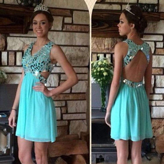 Green V-Neck Sequins Chiffon Sleeveless Mini Dresses,Homecoming Dresses M311