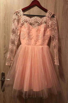 Pink Long Sleeves Short Prom Tulle Homecoming Dress with Appliques M324