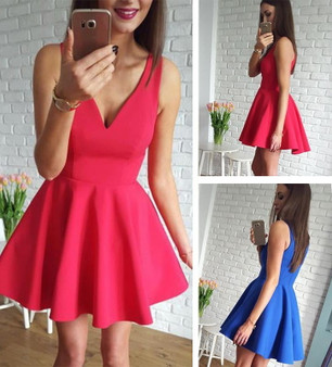 Simple Satin V-neck Neckline Short Length A-line Homecoming Dress M455