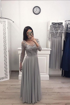 Unique Round Neck Floor Length Long Sleeves Lace Appliques Prom Dresses P975