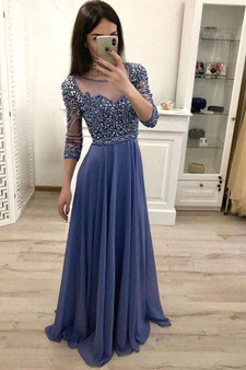 Elegant Blue Round Neck Chiffon 3/4 Sleeves Floor Length Prom Dresses with Beading