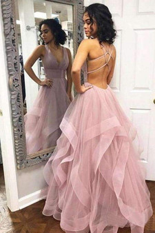 Impressive V Neck Backless V Neck Floor Length Prom Dresses with Ruffles P970