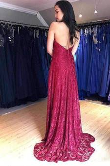 Burgundy Halter Sleeveless Floor Length Prom Dresses with Split Side P966