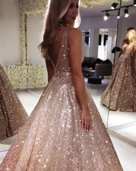 Sparkly Prom Dress Sleeveless V Neck Ball Gown with Sequins Party Dress P936