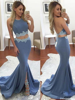 Two Piece Backless Mermaid Prom Dresses Long Party Dresses with Split Side P927