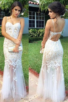 Spaghetti Straps Open Back Sweetheart Mermaid Prom Dresses Lace Party Dresses P926