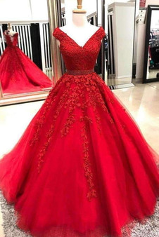Red V Neck A Line Sweetheart Ball Gowns Lace Prom Dresses with Appliques P915