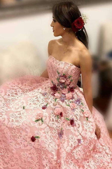 Pink Strapless Lace A Line Prom Dress Ball Gown with Appliques P879