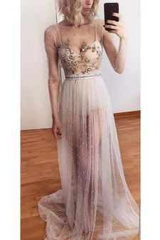 Unique Spaghetti Straps V Neck Tulle Prom Dress with Appliques Party Dress with Long Sleeves P877