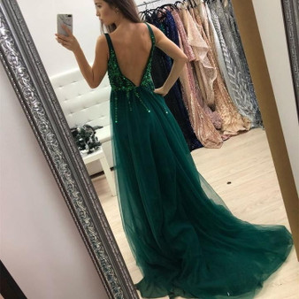 Stunning Green V Neck Tulle Sleeveless Split Side Prom Dress with Sequins P869