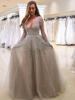Sparkly Long Sleeves Tulle V Neck Prom Dress with Sequins P861