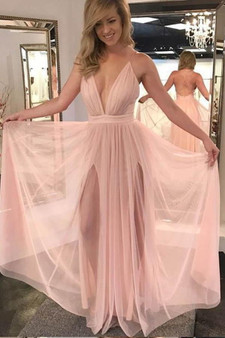 Simple Pink Deep V Neck Spaghetti Straps Sleeveless Floor Length Prom Dress P838