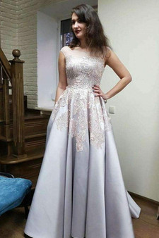 Round Neck Sleeveless Sweep Train Satin A Line Prom Dress With Appliques P826