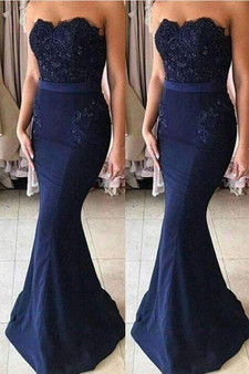 Impressive Mermaid Sweetheart Sleeveless Appliques Navy Blue Prom Dress P754