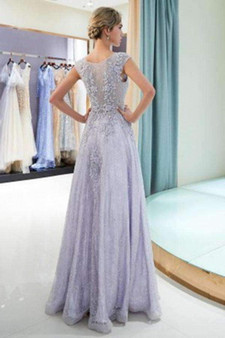 Chiffon Prom Dress Tulle Round Neck Floor Length Evening Dress Lace Applique Dresses