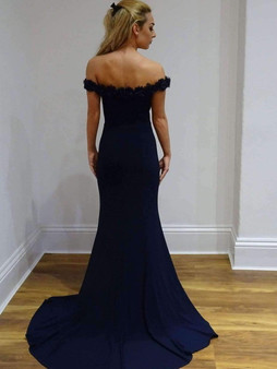 Gorgeous Navy Blue Mermaid Off the Shoulder With Appliques Prom Dress P745