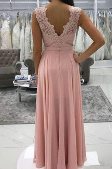 Chic V Neck Lace Appliques With Split Side Long Chiffon Prom Dress P743